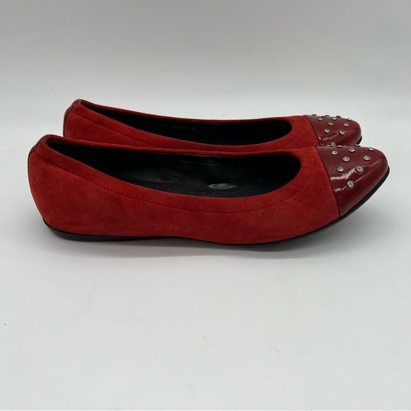 MAGLI by Bruno Magli Elegant Red Suede Patent Leather with Studded Cap Toe Flats - Picture 9 of 15